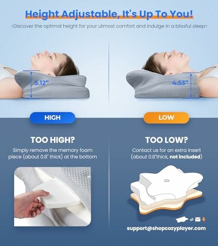 Guide showing adjustable pillow heights for comfort.