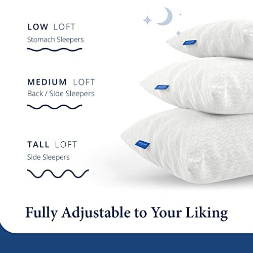 Three pillows with different lofts: low for stomach sleepers, medium for back/side sleepers, tall for side sleepers.