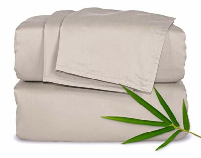 Beige bamboo bed sheet set with leaf accent, perfect for adding a touch of natural elegance to your bedroom.