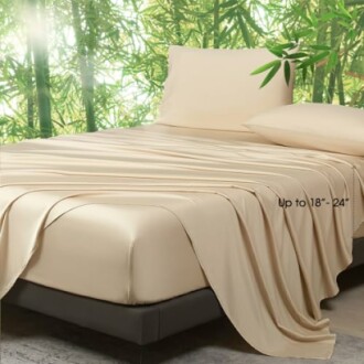 Beige bamboo bedsheet set with greenery background