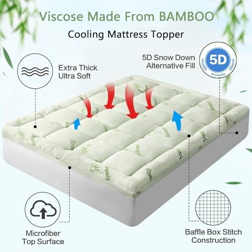 Bamboo cooling mattress topper with 5D snow down fill and baffle box stitch.