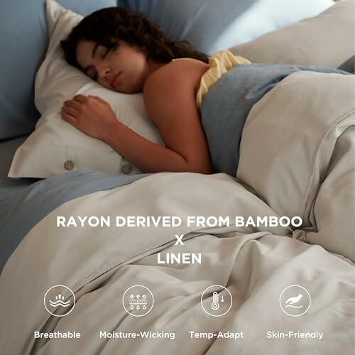 Woman sleeping on bamboo and linen bedding with comfort features listed.