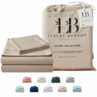 Luxury bamboo sheet set with packaging and color options.