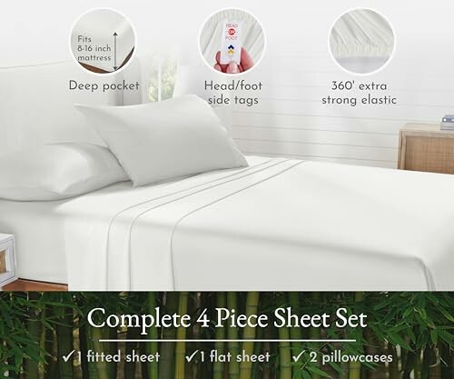 Complete 4 piece bamboo sheet set with deep pockets, side tags, and strong elastic.