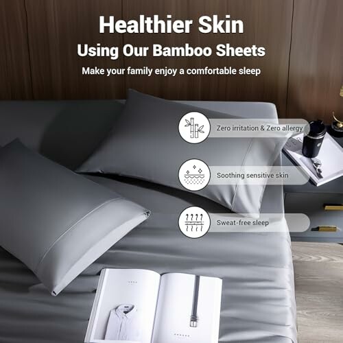 Bamboo sheets promoting healthier skin with benefits like zero irritation, soothing for sensitive skin, and sweat-free sleep.