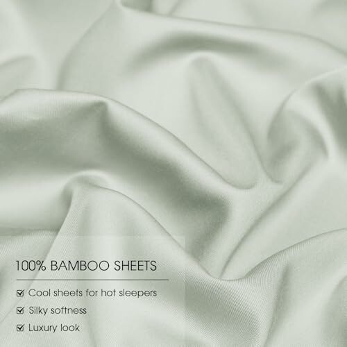 Silky bamboo sheets with text highlighting coolness and luxury.