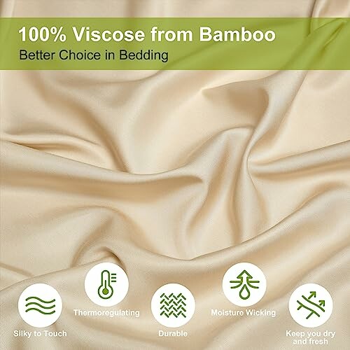 Soft bamboo viscose fabric highlighting benefits: silky, thermoregulating, durable, moisture-wicking.