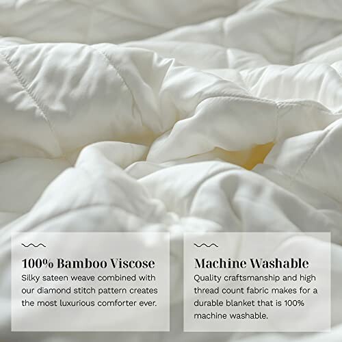 Close-up of a white bamboo viscose comforter with text highlighting its silky sateen weave and machine washability.