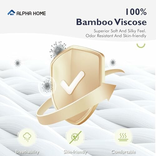 Infographic highlighting benefits of 100% bamboo viscose fabric, including softness and odor resistance.