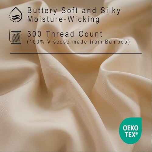 Cream-colored bamboo viscose fabric with text highlighting buttery soft, silky, moisture-wicking, 300 thread count, and OEKO-TEX certified.