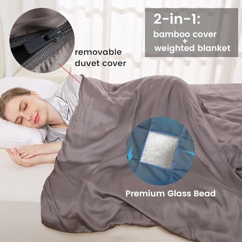 Person sleeping under a bamboo cover weighted blanket with removable duvet cover and premium glass bead filling.