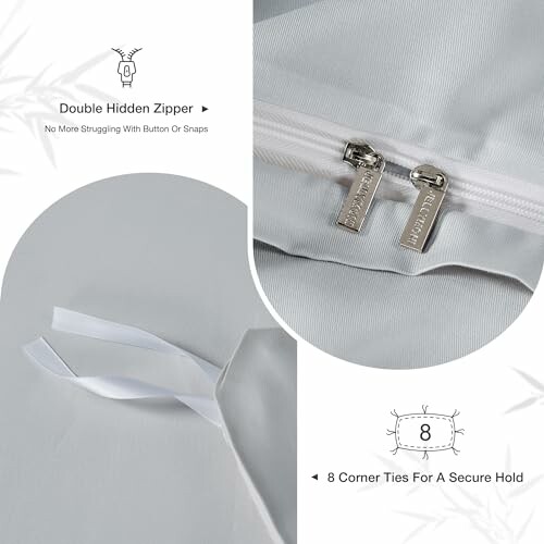 Bedding set with double hidden zipper and corner ties.