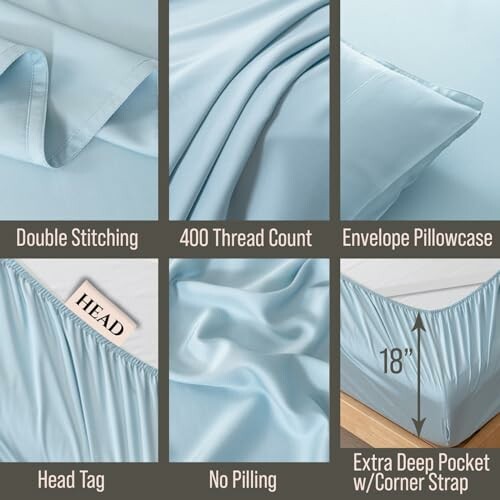 Blue bedsheet features including double stitching, 400 thread count, envelope pillowcase, head tag, no pilling, and extra deep pocket with corner strap.