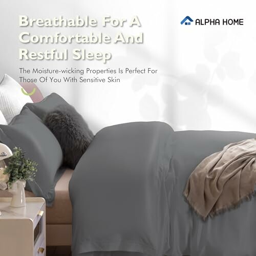 Comfortable bed with breathable bedding and Alpha Home logo.