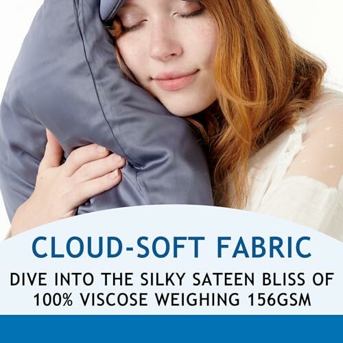 Woman hugging a soft pillow with text about cloud-soft fabric.