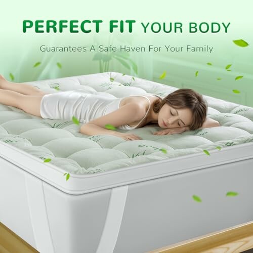 Woman sleeping on a comfortable mattress with text 'Perfect Fit Your Body'.