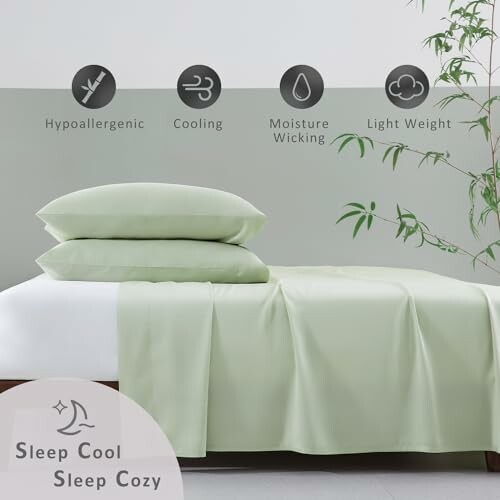 Light green bamboo bed sheets with cooling and hypoallergenic features.