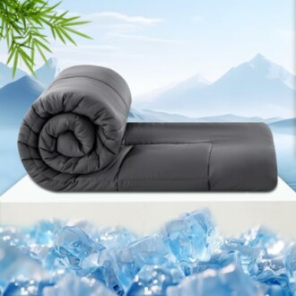 Cooling blanket with ice cubes and mountain backdrop