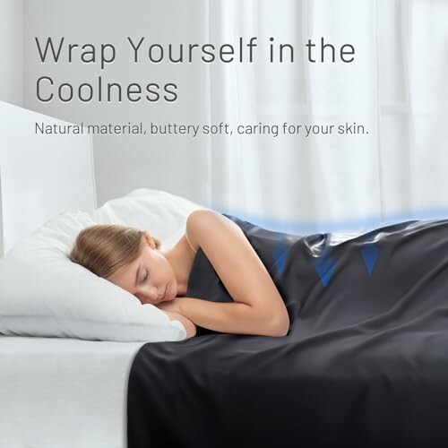 Woman sleeping under a cooling blanket with text about material benefits.