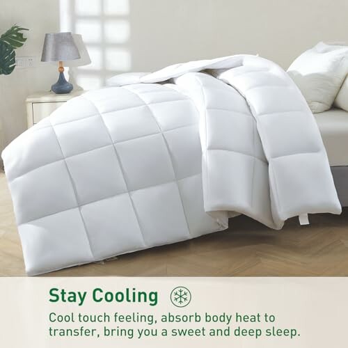 White cooling comforter on a bed with text about temperature regulation.