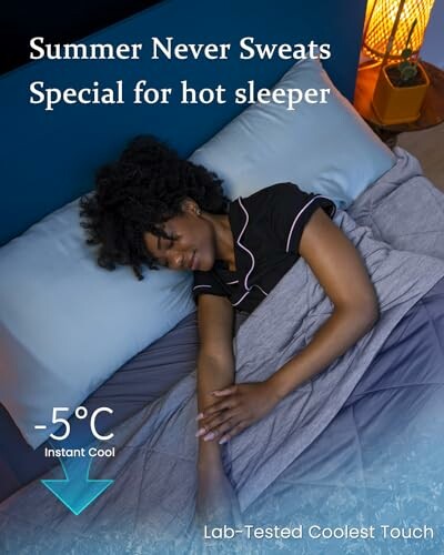 Person sleeping comfortably with cooling bedding, text reads 'Summer Never Sweats Special for hot sleeper, -5°C Instant Cool, Lab-Tested Coolest Touch'.