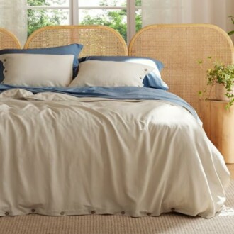 Cozy bedroom with a neatly made bed, blue and white bedding, and a decorative plant.