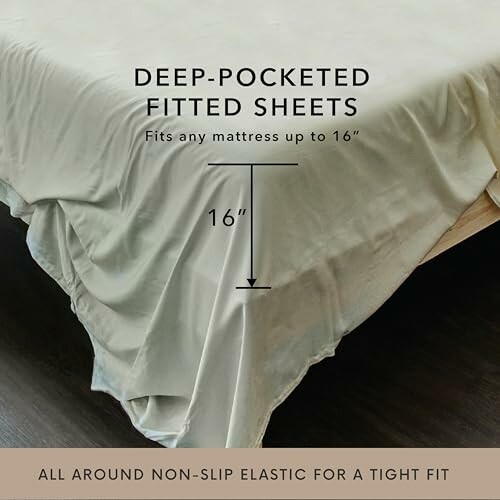 Deep-pocketed fitted sheets on a bed with a 16-inch depth.