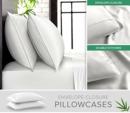 White envelope-closure pillowcases with double stitching on a bed.