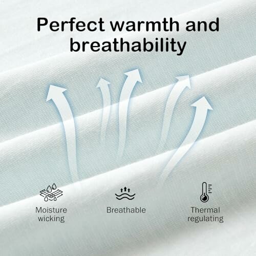 Fabric with features for perfect warmth and breathability, showing moisture wicking, breathable, and thermal regulating properties.