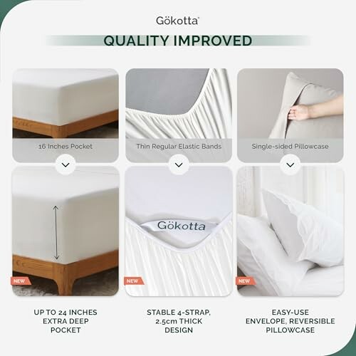 Gokotta mattress features: deep pocket, elastic bands, pillowcase design.