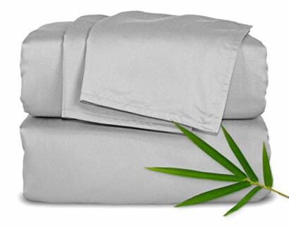 Gray bamboo bed sheets with green bamboo leaf.