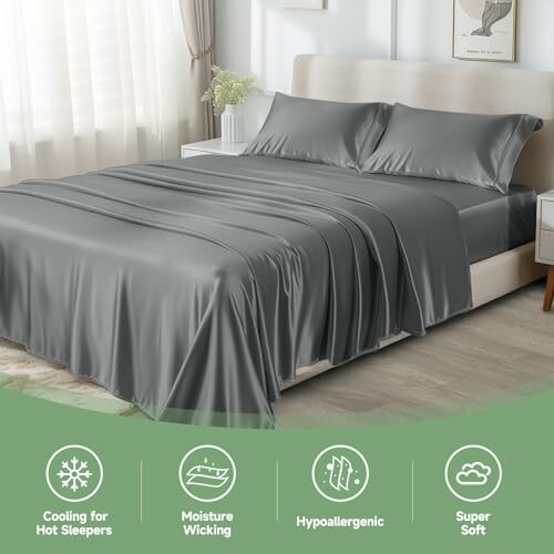 Gray bedding set on a modern bedroom bed with green icons highlighting features.