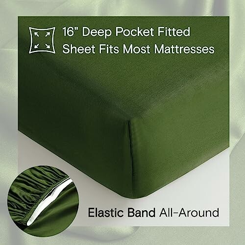 Green 16-inch deep pocket fitted sheet with elastic band.