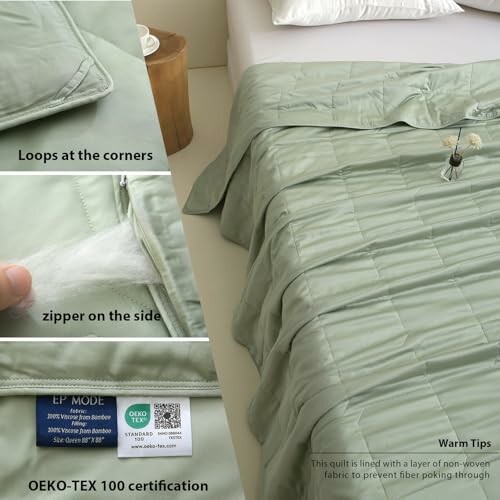 Green quilt on bed with loops, zipper, and OEKO-TEX 100 certification label.