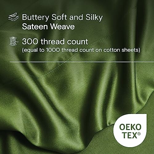 Green sateen weave sheet with 300 thread count, OEKO-TEX certified.