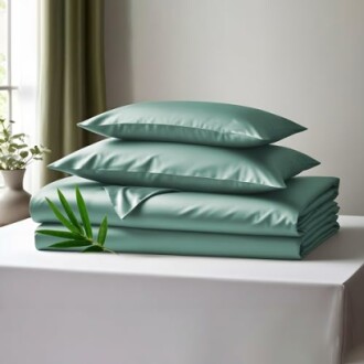 Stack of green sheets and pillows on a table with a plant leaf.