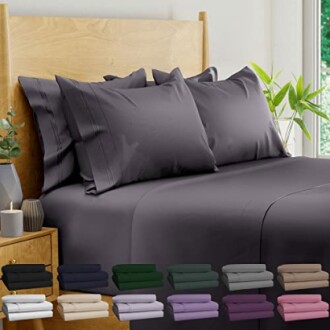 Dark gray bed sheets with multiple color options displayed, showcasing their versatility and style.