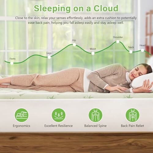 Woman sleeping on a mattress with benefits like ergonomics, resilience, balanced spine, and back pain relief.