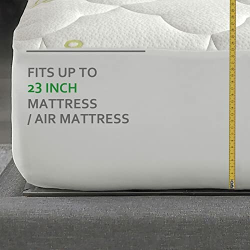 Mattress with measurement indication and text showing fit for up to 23 inch mattress or air mattress.