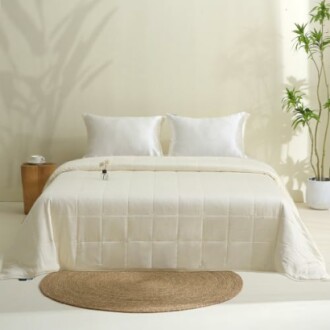 Minimalist bedroom with white bedding and plant