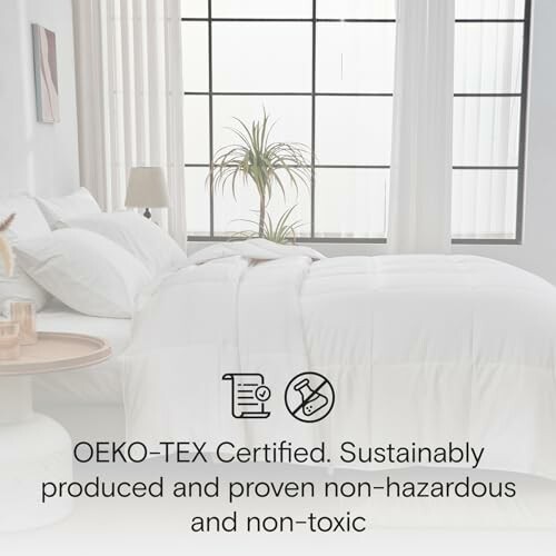 White bedding with OEKO-TEX certification for non-toxic materials.