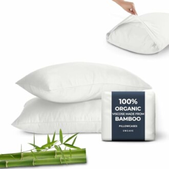 Organic bamboo pillowcases with packaging and bamboo plant