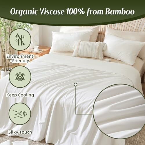 Organic bamboo viscose bedding set on a bed with eco-friendly, cooling, and silky touch features.