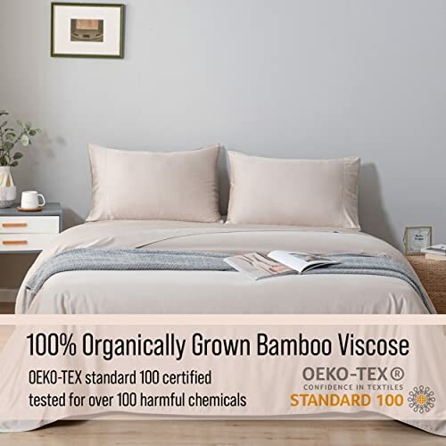 Bedroom with beige bedding and text about organic bamboo viscose and OEKO-TEX certification.