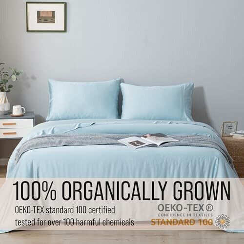 Organic bedding set with OEKO-TEX certification label.