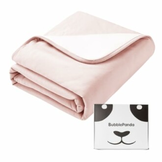 Pink weighted blanket folded next to BubblePanda box