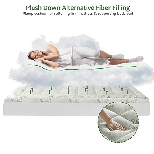 Woman sleeping on plush down alternative fiber filling mattress topper.