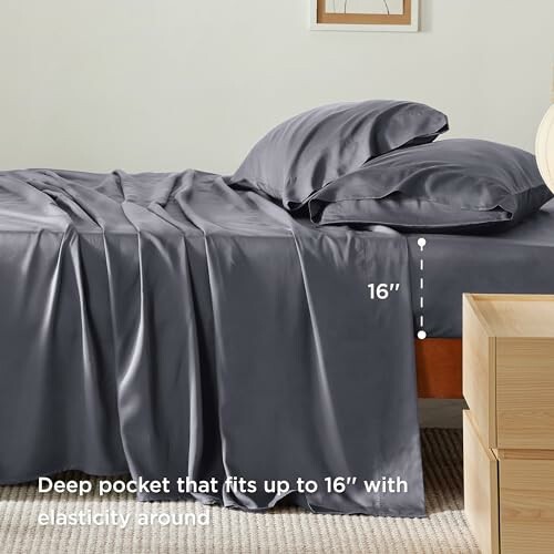 Gray silk bed sheets with deep pocket fitting up to 16 inches