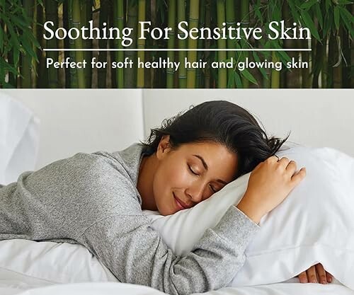 Woman resting on pillow, soothing for sensitive skin text