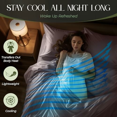 Woman sleeping with cooling bed sheets, promoting comfort and body heat transfer.